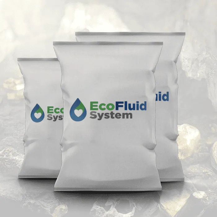 Tres sacos de floculante con la marca EcoFluid System sobre un fondo mineral