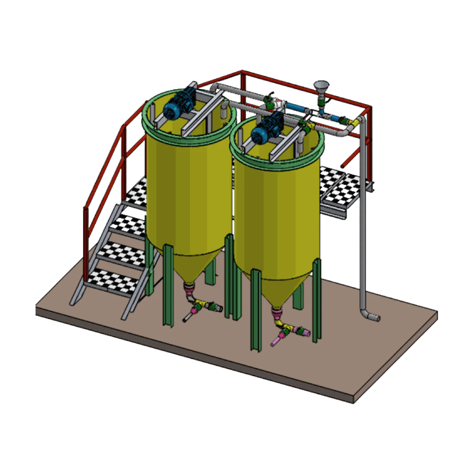 Render de dos floculadores verticales de fondo cónico montados sobre una plataforma, con escalera de acceso, pasarela y un agitador por unidad.