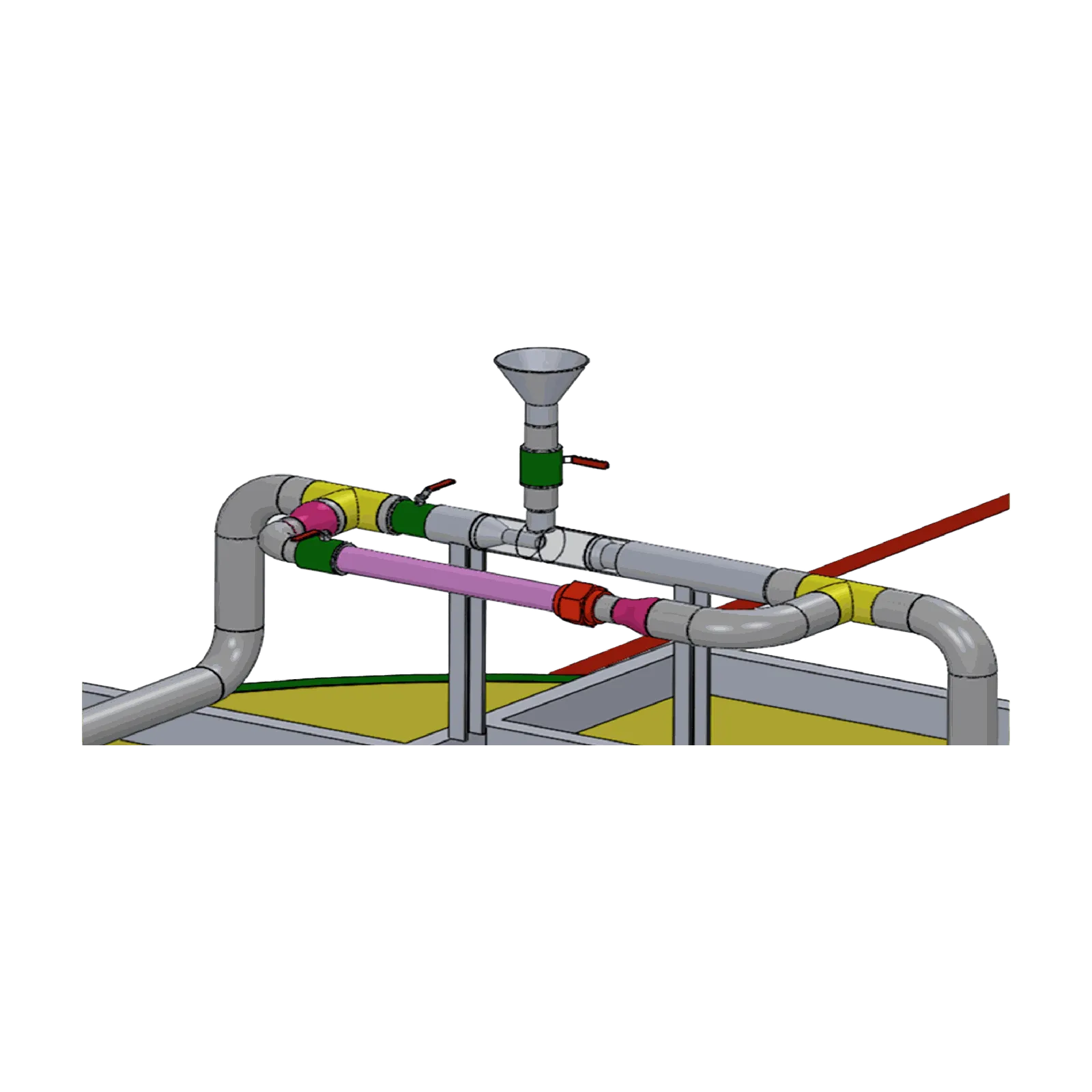 Render de un tramo de tubería con válvulas y un embudo de carga de floculante sobre el borde de un tanque.