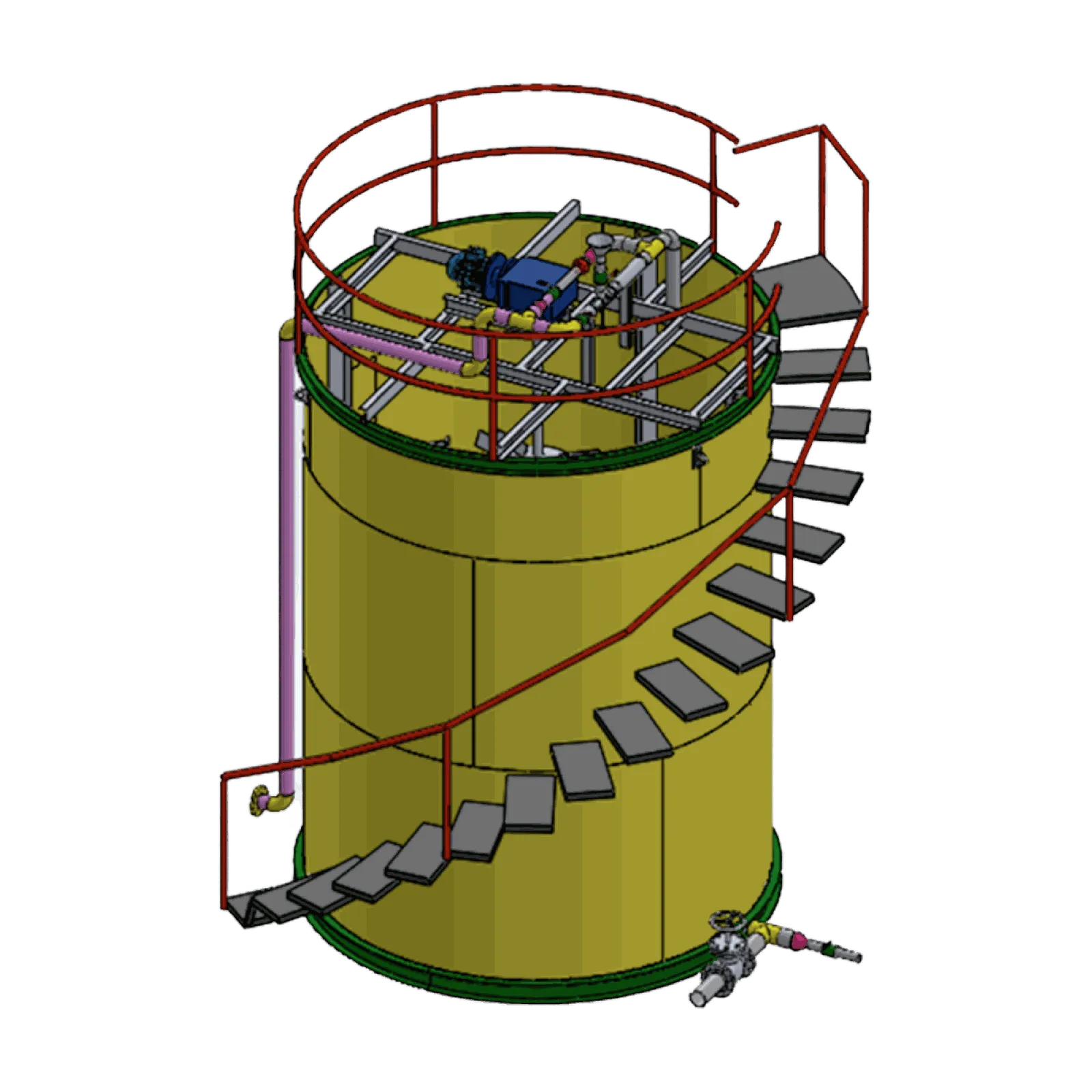Render de un tanque cilíndrico con escalera helicoidal perimetral, agitador motorizado sobre la tapa y válvula de descarga en la base.